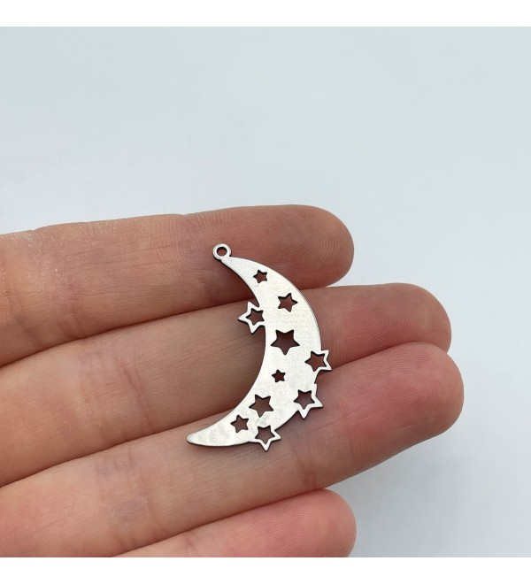 Stainless Steel Crescent Moon and Stars Charm, Crescent Moon Pendant, Celestial Charms Earring Findings, Laser Cut Charms STL-3306