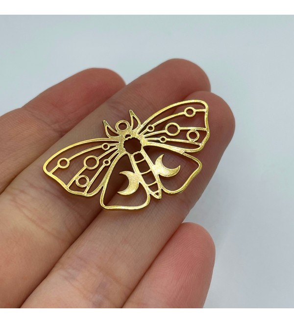 Shiny Gold Plated Moth Charm, Moth Pendant, Crescent Moon on Moth Charm, Brass Butterfly Charm Pendant, Laser Cut Jewelry Supplies GLD-1317