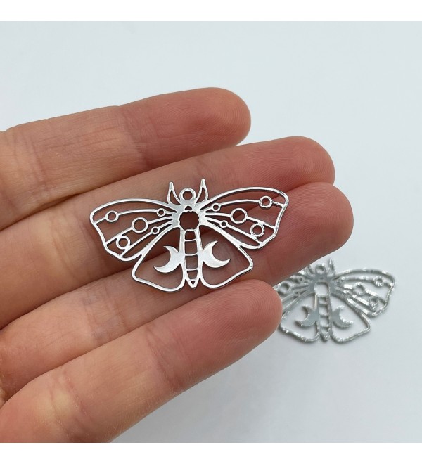 Rhodium Plated Moth Charm, Moth Pendant, Crescent Moon on Moth Charm, Steel Butterfly Charm Pendant, Laser Cut Jewelry Supplies GLD-3317