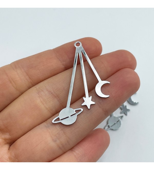 Rhodium Plated Planet Saturn Star Crescent Moon Earring Charm, Celestial Charms for Earring Making, Dangle Moon Saturn Star Charm GLD-3213