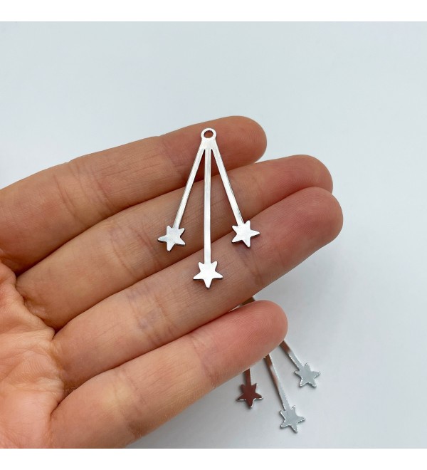 Rhodium Plated Triple Star Drop Earring Charm, Star Pendant, Star Bar Charm, Celestial Charms, Laser Cut Jewelry Making Supplies GLD-3214