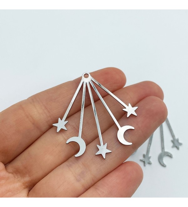 Rhodium Plated Crescent Moon and Stars Earring Charm Pendant, Moon and Stars Charm, Laser Cut Celestial Earring Findings GLD-3004