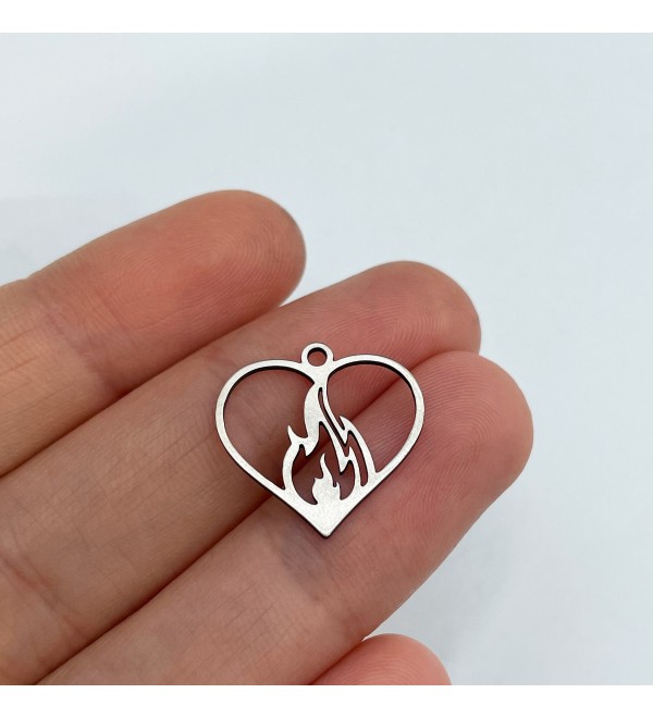 Stainless Steel Heart on Fire Charm, Flaming Heart Charm Pendant, Love Charm, Burning Fire Heart Laser Cut Jewelry Supplies STL-3283