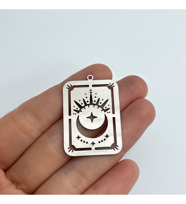 Stainless Steel Card Charm, Card Pendant, Crescent Moon Stars Card Charm, Celestial Charms, Laser Cut Jewelry Making Supplies STL-3363