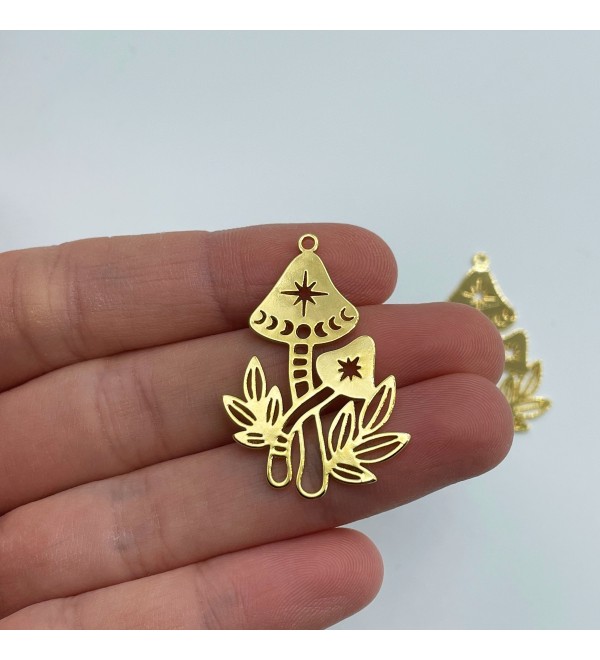 Shiny Gold Plated Mushroom Charm, Moon Phases Mushroom Pendant, Fairy Mushroom Charm, Brass Findings, Laser Cut Jewelry Supplies GLD-1365