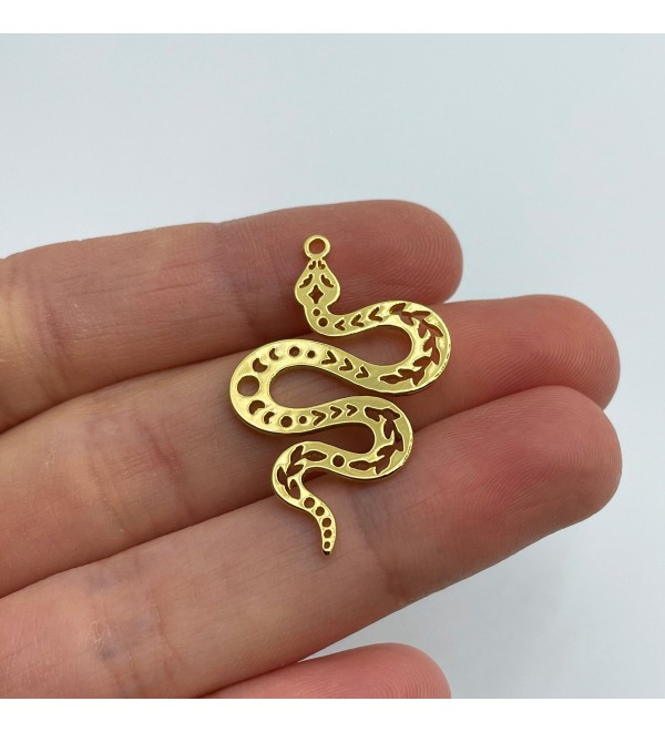 Shiny Gold Plated Snake Charm, Snake Pendant, Gold Snake Earring Charm, Moon Phases on Snake Charm, Laser Cut Jewelry Supplies GLD-1184