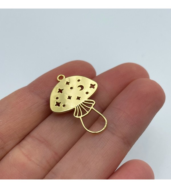 Shiny Gold Plated Mushroom Charm, Mushroom Pendant, Moon Stars Celestial Mushroom Charm, Brass Findings, Laser Cut Jewelry Supplies GLD-1368