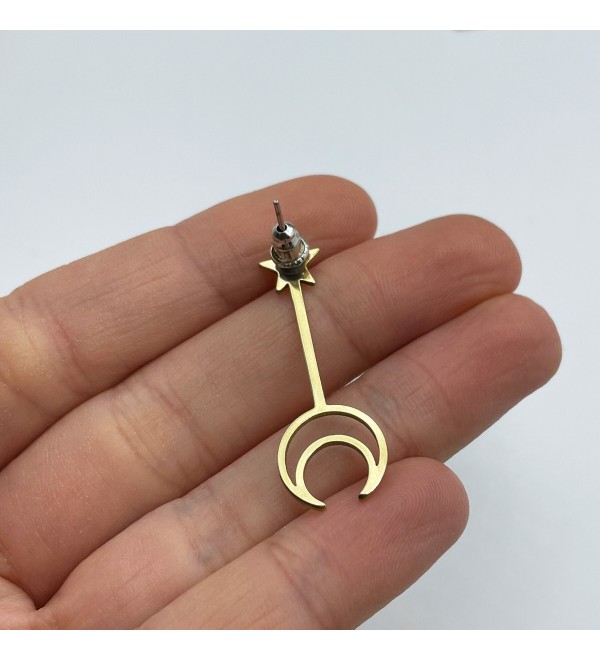 1 Pair Raw Brass Moon Earrings, Brass Earring Stud, Brass Earring Post, Moon Star Stud, Earring Posts, Brass Connector Earring RW-1470