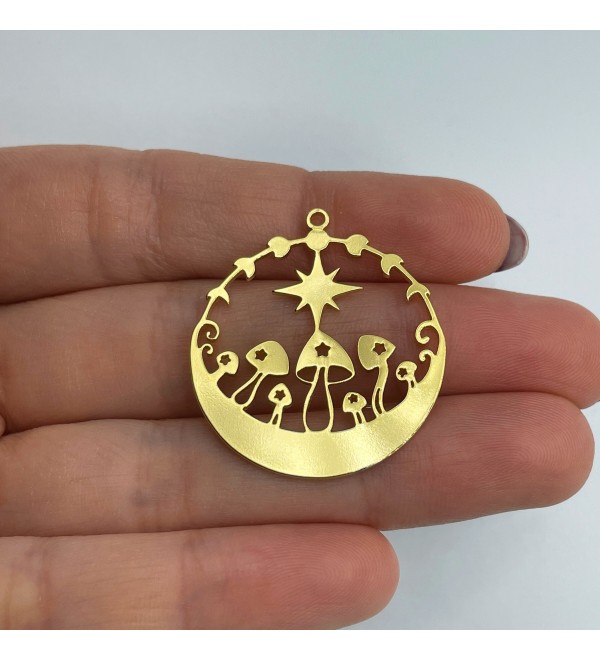 24K Shiny Gold Plated Mushroom Charm, Moon Phases and Star Mushroom Pendant, Fairy Mushroom Charm, 24K Gold Plated Earring Charms GLD-1369