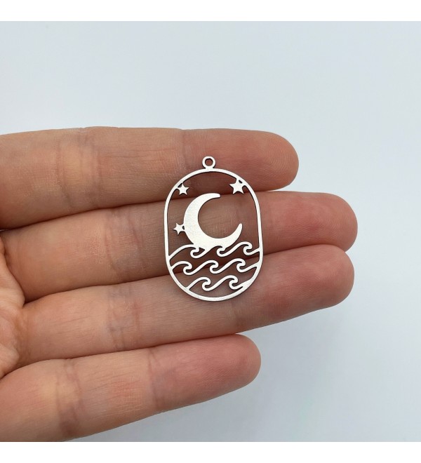 Stainless Steel Earring Charm, Steel Oval Charm, Moon Stars Waves Charm, Earring Findings, Laser Cut Jewelry Making Supplies STL-3530