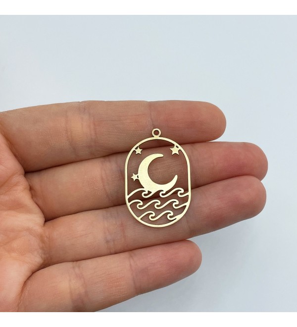 Raw Brass Earring Charm, Brass Oval Charm, Brass Moon Stars Waves Charm, Earring Findings, Laser Cut Jewelry Making Supplies RW-1530