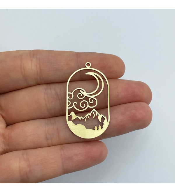 Raw Brass Earring Charm, Brass Oval Charm, Brass Moon Stars Mountain Charm, Earring Findings, Laser Cut Jewelry Making Supplies RW-1538