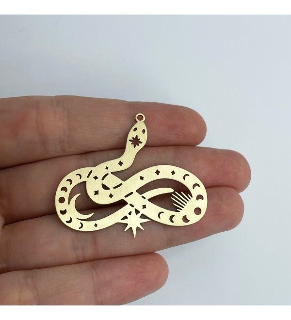 Raw Brass Snake Charm, Snake Pendant, Celestial Snake Earring Charm, Moon Phases Snake Charm, Laser Cut Jewelry Making Supplies RW-1557