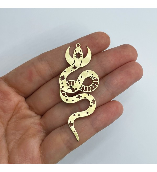 Raw Brass Snake Charm, Brass Pendants, Celestial Snake Earring Charm, Crescent Moon Snake Pendant, Jewelry Making Supplies RW-1560