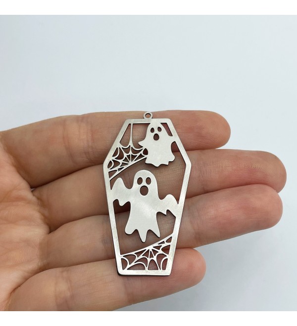 Stainless Steel Coffin Charm, Ghost Coffin Charm Pendant, Spooky Halloween Charms, Halloween Jewelry, Jewelry Supplies STL-3567