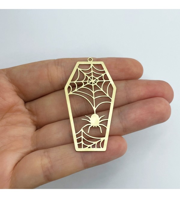 Raw Brass Coffin Charm, Spider Web Coffin Charm Pendant, Spooky Halloween Charms, Halloween Jewelry, Brass Jewelry Supplies RW-1568