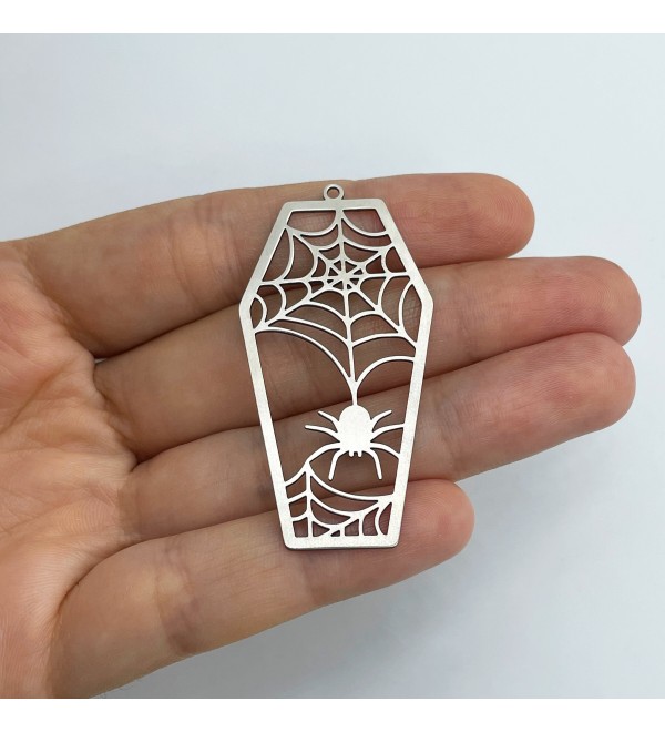 Stainless Steel Coffin Charm, Spider Web Coffin Charm Pendant, Spooky Halloween Charms, Laser Cut Jewelry Making Supplies STL-3568