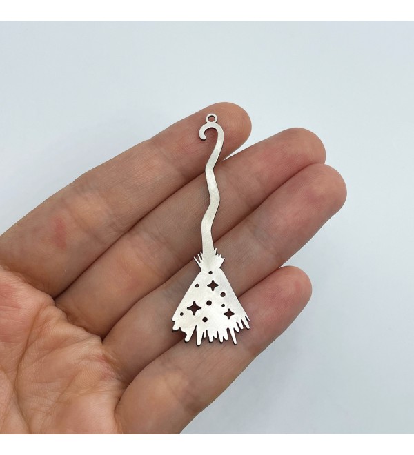 Stainless Steel Broom Charm Pendant, Witch Broom Broomstick Charm, Halloween Charms, Laser Cut Steel Jewelry Making Supplies STL-3574