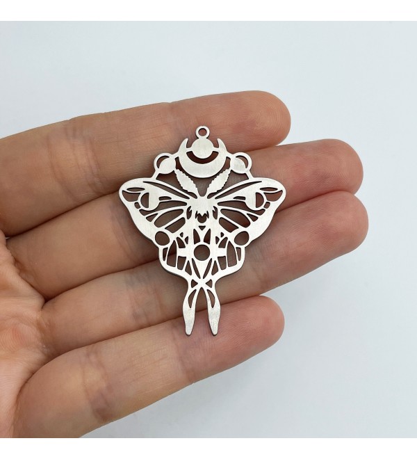 Stainless Steel Moth Charm, Moth Pendant, Crescent Moon Moth Charm, Steel Butterfly Charm, Laser Cut Jewelry Making Supplies STL-3575