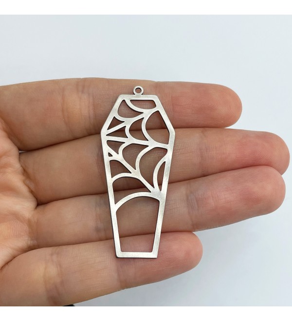 Stainless Steel Coffin Charm, Spider Web Coffin Charm, Spooky Halloween Charms, Halloween Jewelry, Brass Jewelry Supplies STL-3562