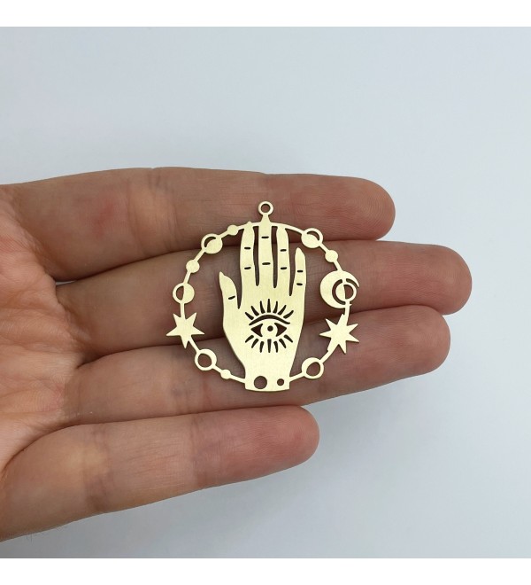 Raw Brass Hand Charm, Hamsa Charm, Moon Phases Eye Hand Charm, Halloween Charms, Celestial Hand Charm, Jewelry Making Supplies RW-1565