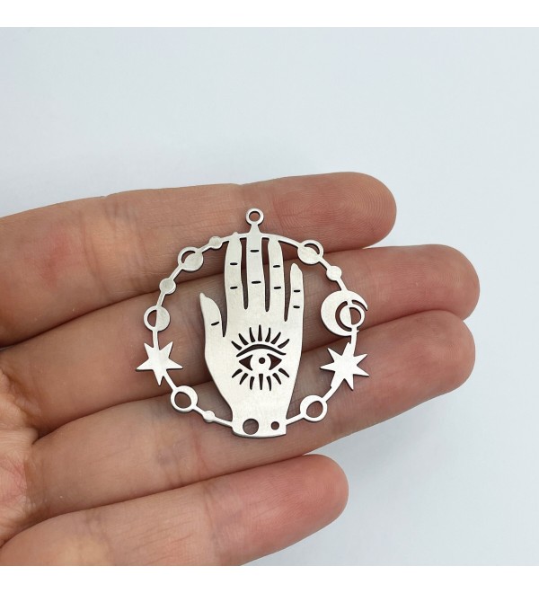 Stainless Steel Hand Charm, Hamsa Charm, Moon Phases Eye Hand Charm, Halloween Charms, Celestial Hand Charm, Jewelry Supplies STL-3565