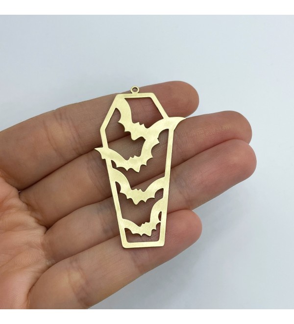 Raw Brass Coffin Charm, Flying Bats Coffin Charm Pendant, Spooky Halloween Charms, Halloween Jewelry, Brass Jewelry Supplies RW-1564