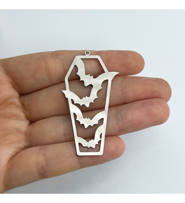 Stainless Steel Coffin Charm, Flying Bats Coffin Charm Pendant, Spooky Halloween Charms, Halloween Jewelry, Jewelry Supplies STL-3564