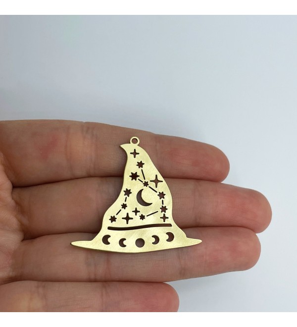 Raw Brass Witch Hat Charm, Moon Phases Witch Hat Charm, Halloween Charms, Witchy Charms, Laser Cut Jewelry Making Supplies RW-1569