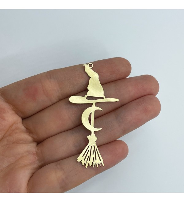 Raw Brass Broom Charm Pendant, Witch Broom Broomstick Crescent Moon Hat Charm, Brass Halloween Charms, Brass Jewelry Supplies RW-1572