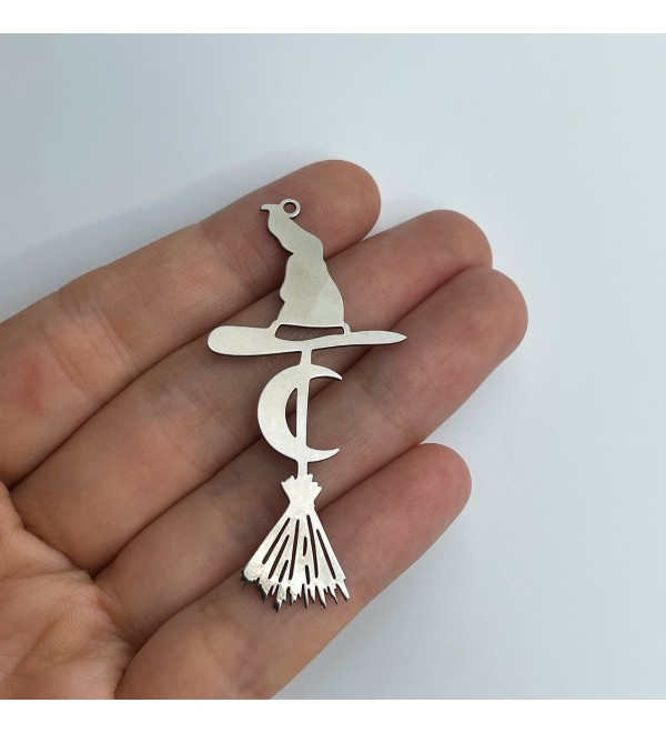 Stainless Steel Broom Charm Pendant, Witch Broom Broomstick Crescent Moon Hat Charm, Halloween Charms, Steel Jewelry Supplies STL-3572