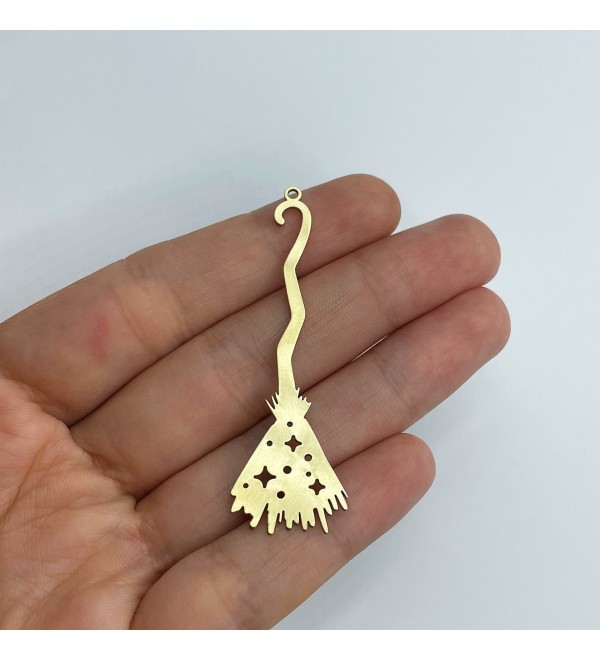 Raw Brass Broom Charm Pendant, Witch Broom Broomstick Charm, Brass Halloween Charms, Laser Cut Brass Jewelry Making Supplies RW-1574