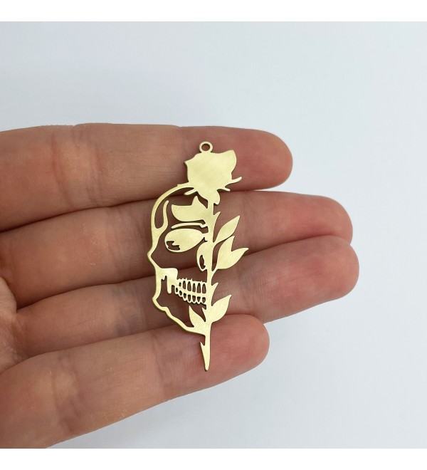 Raw Brass Skull Charm, Rose and Skull Charm, Brass Halloween Charms, Brass Jewelry Findings, Laser Cut Jewelry Making Supplies RW-1580