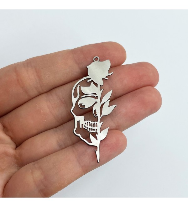 Stainless Steel Skull Charm, Rose and Skull Charm, Halloween Charms, Steel Jewelry Findings, Laser Cut Jewelry Making Supplies STL-3580