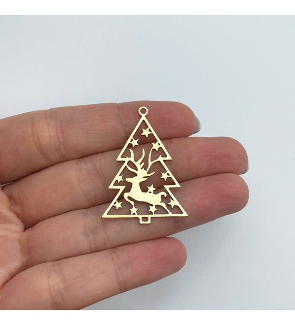 Raw Brass Christmas Charm, Christmas Tree Reindeer Charm, Brass Earring Charms, Winter Charms, Brass Charms for Jewelry Making RW-1619