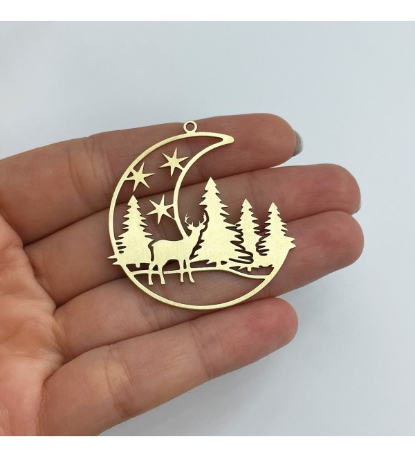 Raw Brass Reindeer Charm, Reindeer Christmas Tree with Moon and Stars Charm, Brass Earring Charms, Christmas Charms Supplies RW-1616