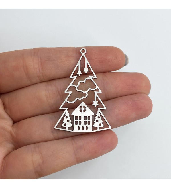 Stainless Steel Christmas Charm, Christmas Tree with Stars Charm, Steel Earring Charms, Steel Pendants, Jewelry Supplies STL-3626