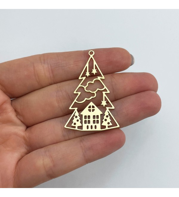 Raw Brass Christmas Charm, Christmas Tree with Stars Charm, Brass Earring Charms, Brass Pendants, Laser Cut Jewelry Supplies RW-1626