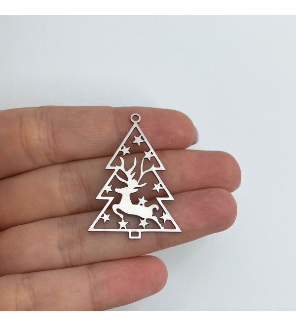 Stainless Steel Christmas Charm, Christmas Tree Reindeer Charm, Brass Earring Charms, Winter Charms, Jewelry Making Supplies STL-3619