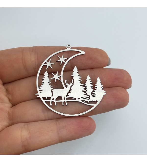 Stainless Steel Reindeer Charm, Reindeer Christmas Tree with Moon and Stars Charm, Brass Earring Charms, Christmas Charms STL-3616