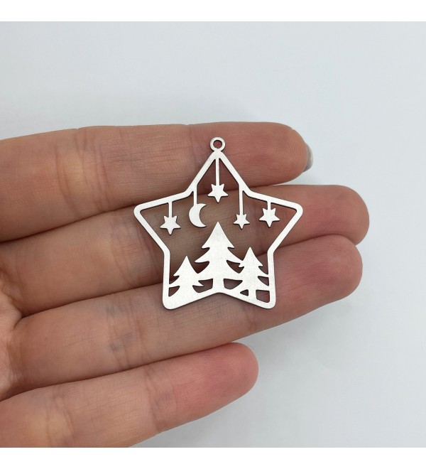 Stainless Steel Star Charm, Christmas Tree with Moon and Stars Charm, Steel Earring Charms, Christmas Charms, Jewelry Supplies STL-3625