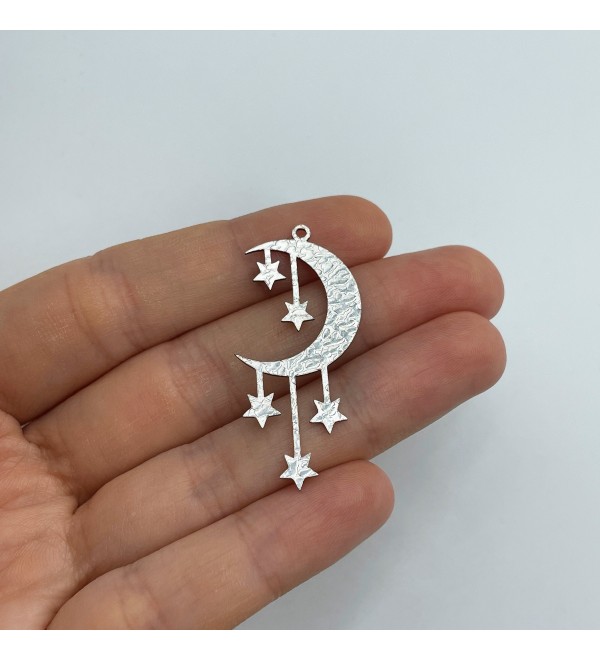 Hammered Stainless Steel Crescent Moon and Stars Earring Charm Pendant, Moon Stars Charm, Laser Cut Celestial Earring Findings HS-3145