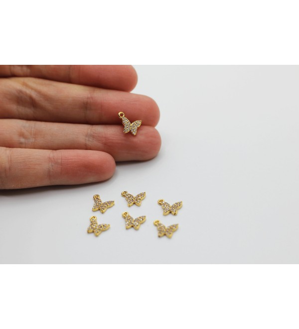 24K Shiny Gold Butterfly Charm, CZ Micro Pave Butterfly Beads, Zirconia Beads, Pave Beads, Gold Plated Jewelry Supplies CZ-1010