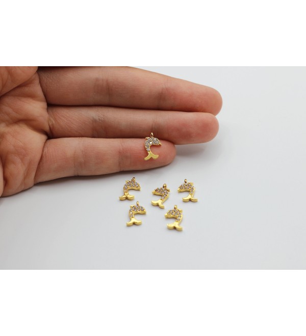 24K Shiny Gold Dolphin Charm, CZ Micro Pave Dolphin Charm, Gold Plated Dolphin Pendant, Zirconia Bracelet Charms Findings CZ-1029