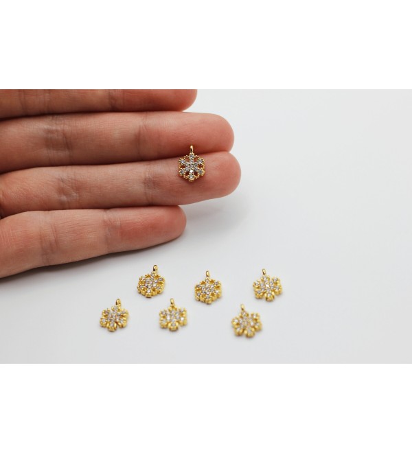 24K Shiny Gold Snowflake Charm, CZ Micro Pave Snowflake Pendant, CZ Pave Snowflake Charms, Cubic Zirconia Snowflake Bracelet Charm CZ-1013