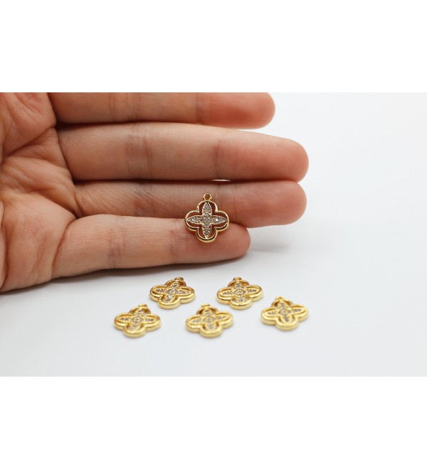 24K Shiny Gold Plated CZ Micro Pave Clover Charm, CZ Pave Clover Charms, Cubic Zirconia Clover Necklace Charms Findings CZ-1020