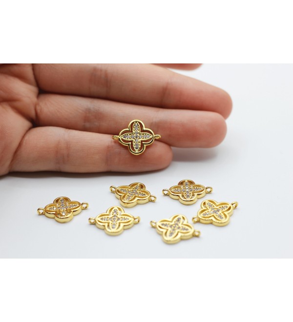 24K Shiny Gold Plated CZ Micro Pave Clover Charm, CZ Pave Clover Charms, Cubic Zirconia Clover Bracelet Charms Findings  CZ-1021