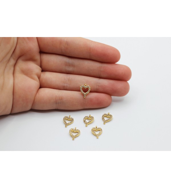 24K Shiny Gold Heart Charm, Micro Pave Heart Charm, Mini Heart Charms, Pave Heart Beads, Zirconia Charm, Gold Plated Findings CZ-1023