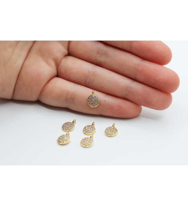 24K Shiny Gold Drop Charms, Micro Pave Charms, Bracelet Charms, CZ Round Pendant, White Stone Charms, Cubic Zirconia Charms CZ-1026