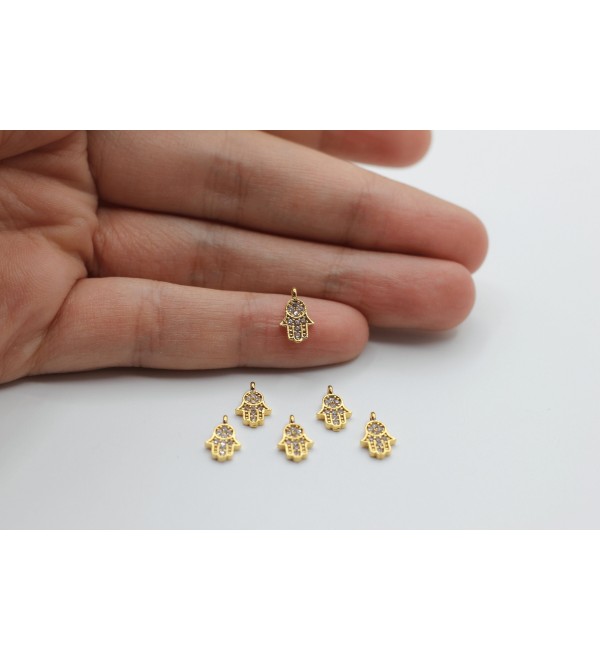 24K Shiny Gold Hamsa Charm, CZ Micro Pave Hamsa Pendant, CZ Pave Hamsa Hand Charm, Cubic Zirconia Bracelet Charms Findings CZ-1038